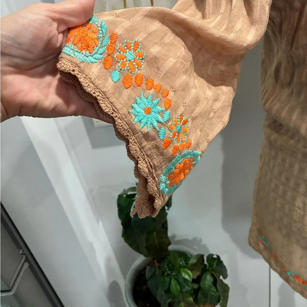 Umgee Tan Top with Orange and Blue Embroidery - Picture 3 of 6
